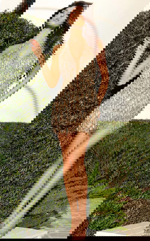 gold sleeveless halter fringe dress 52060