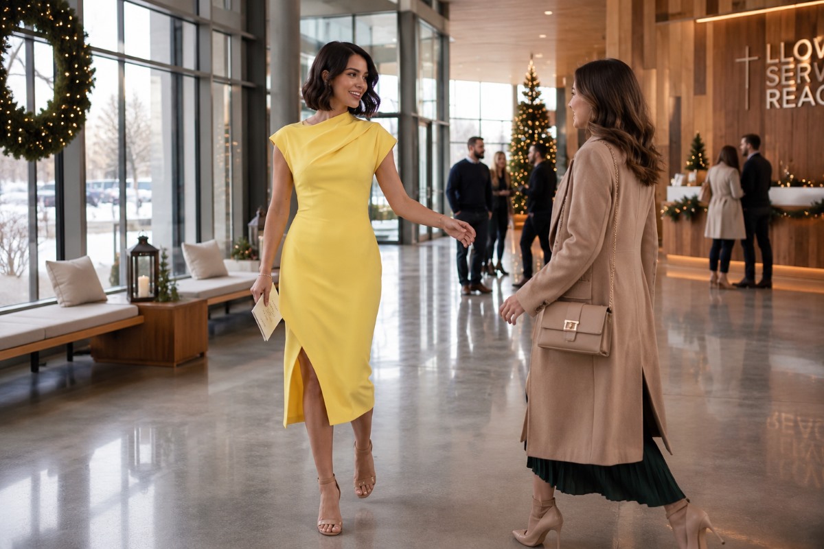 Yellow contemporary church service midi dress