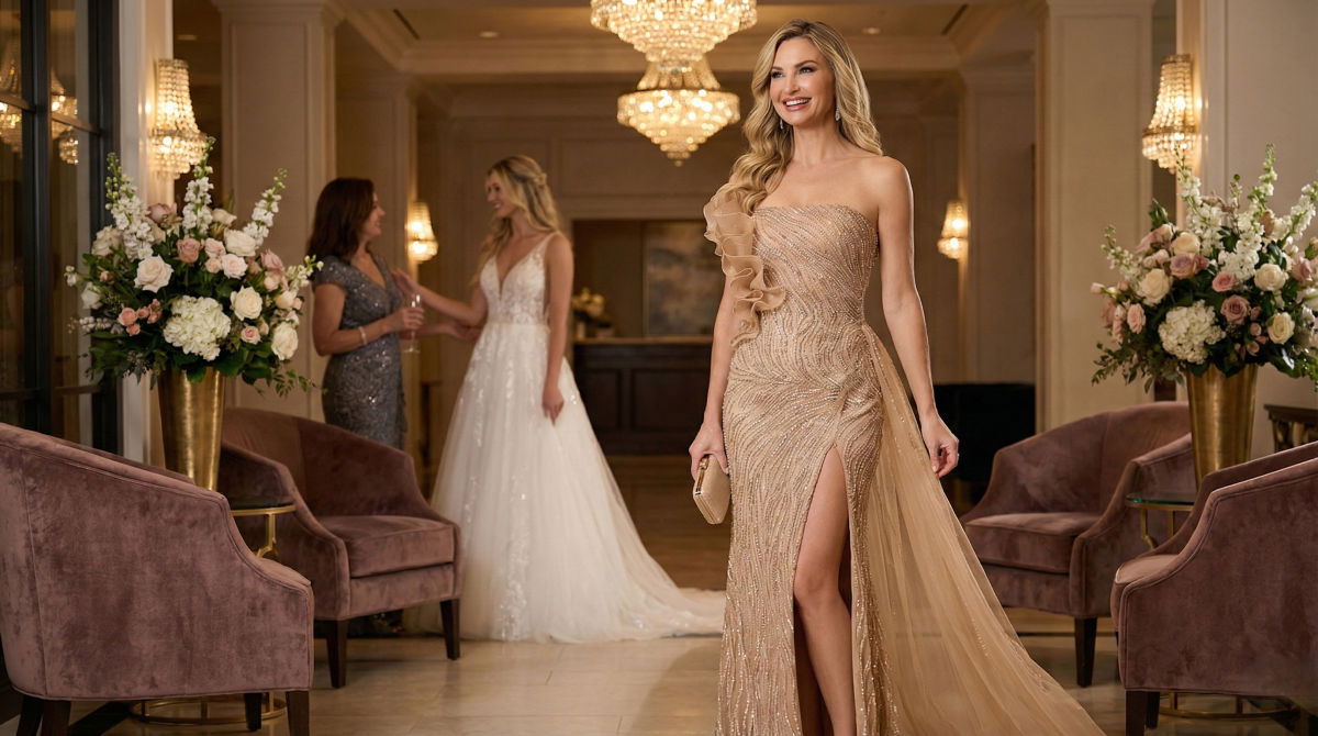 Mother of the bride wearing a champagne beaded Jovani gown in a luxury hotel lobby.