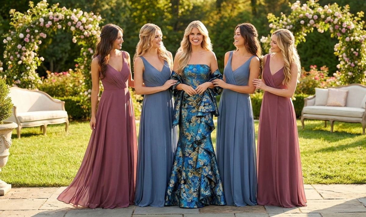 Mother of the bride in a patterned blue dress coordinating with bridesmaids in solid mauve and blue gowns outdoors.